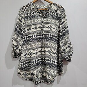 About A Girl Womens Blouse Size Medium Black Bohemian Pattern Button Down Sheer
